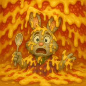 Nutty Rabbit holding a spoon and covered with trifle looking allarmed